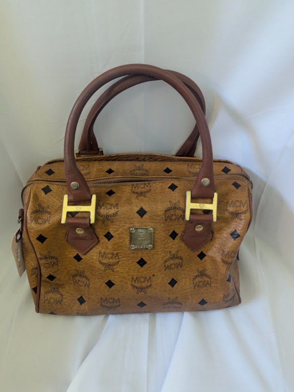 MCM Tan Visetos Boston 11" Bag No Strap - Picture 2 of 10